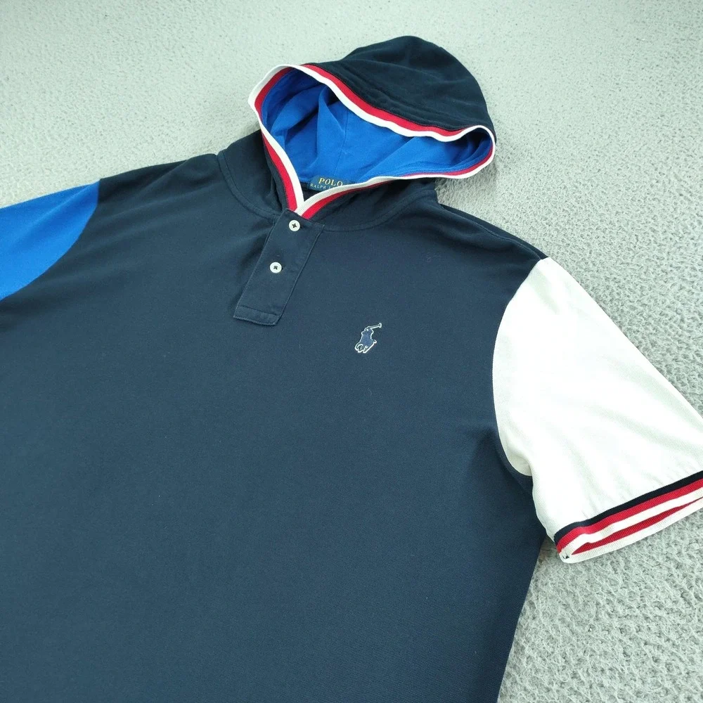 Polo Ralph Lauren Polo Shirt Mens Large Blue Hooded Colorblock Tricolor